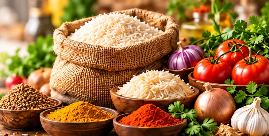 Rice sacks, spices, tomatoes, onions and fresh vegetables